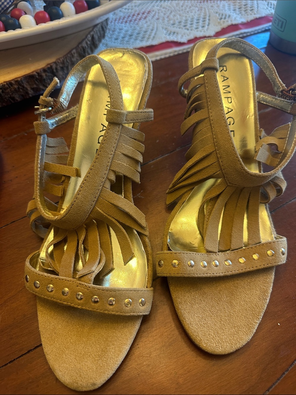 Rampage Gold Suede Fringe Studded Slingback Heels